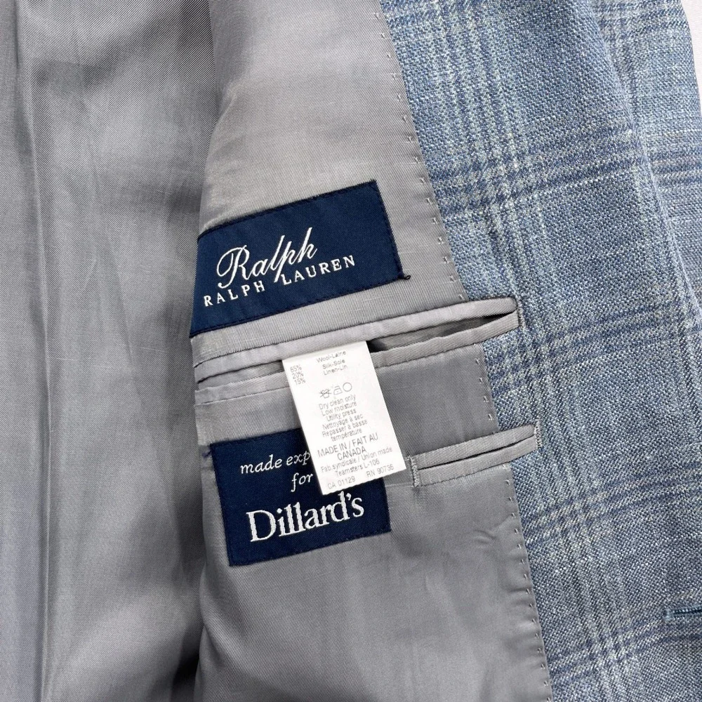 Ralph Lauren Sport Coat Wool Silk Linen Plaid Blue Mens 42L